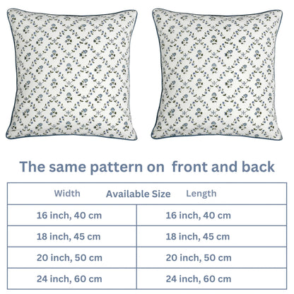 Two floral-patterned pillows with a size chart below on a white background