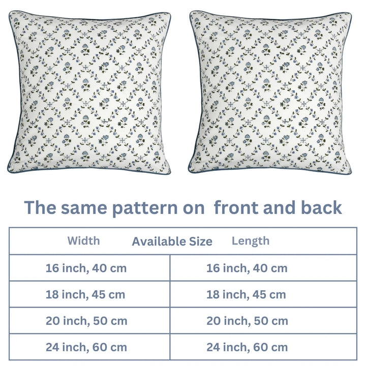Two floral-patterned pillows with a size chart below on a white background
