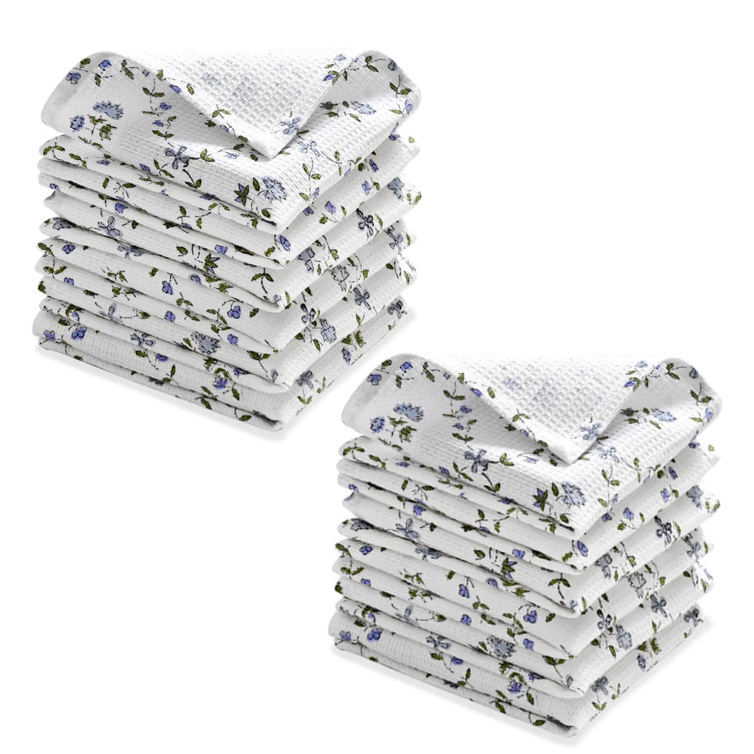 Stack of floral-patterned towels on a white background