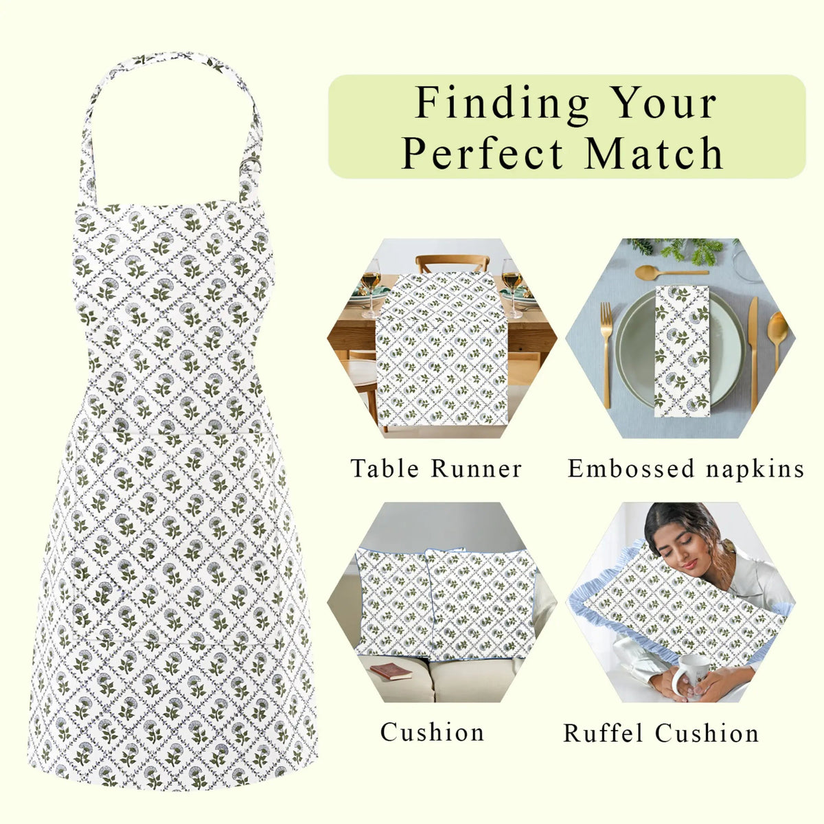 Product display with table runner, embossed napkins, cushion, and ruffel cushion on a white background.