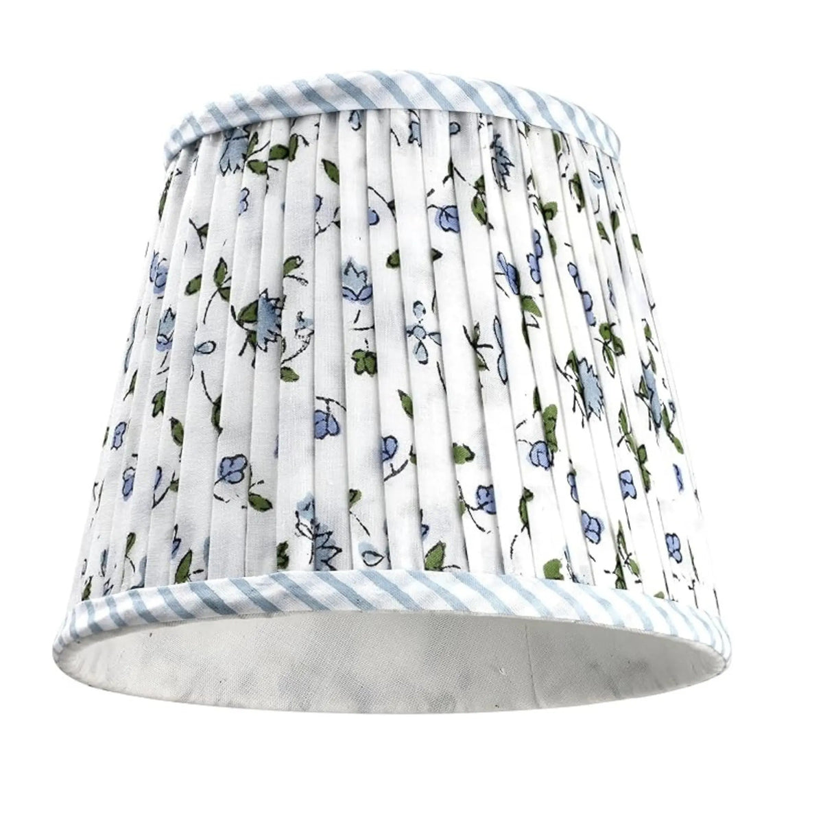 Floral patterned lampshade with blue stripes on a white background