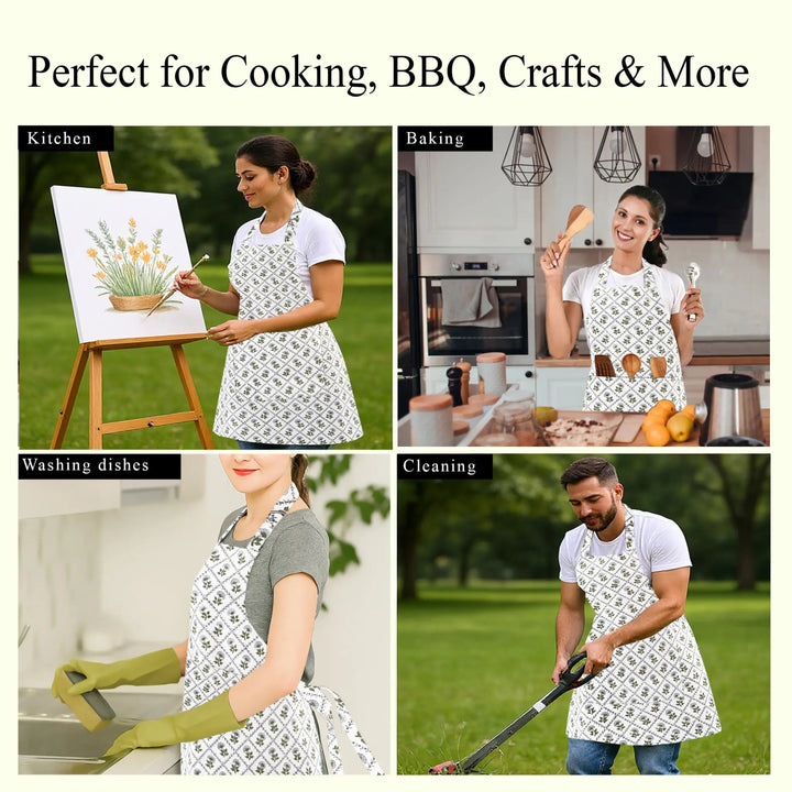 Collage of people wearing aprons in various activities with text &