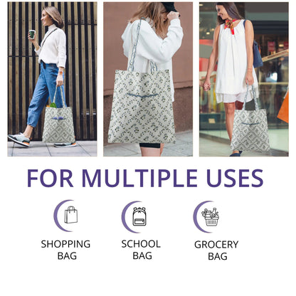 Woman carrying a floral tote bag in various settings with text 'FOR MULTIPLE USES' and icons for shopping, school, and grocery bags.