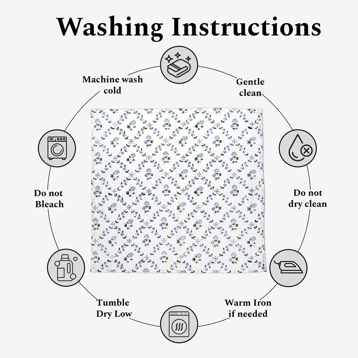 Washing instructions diagram with a floral patterned fabric in the center.