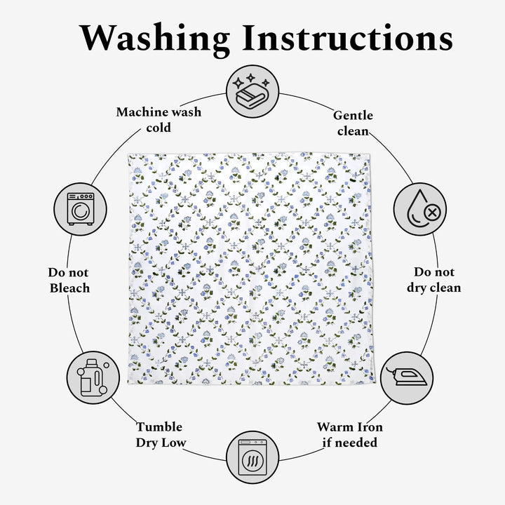 Washing instructions diagram with a floral patterned fabric in the center.