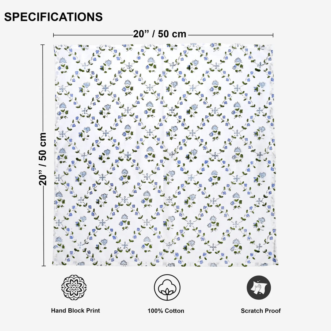 Floral patterned fabric with dimensions and certification icons on a white background
