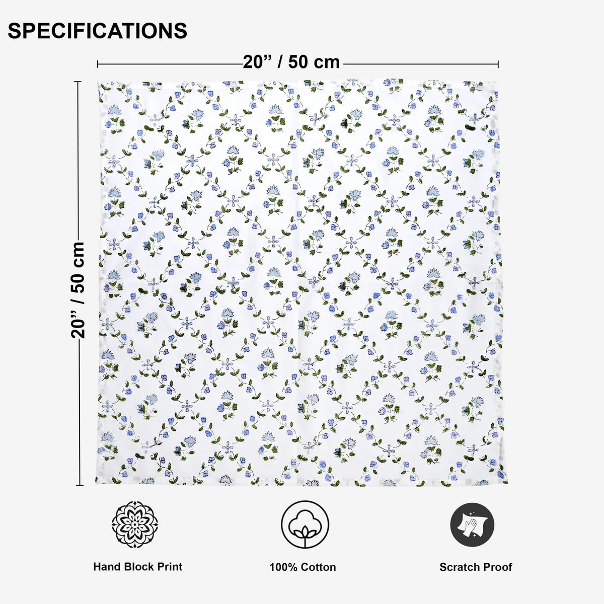 Floral patterned fabric with dimensions and certification icons on a white background