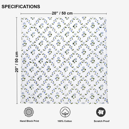 Floral patterned fabric with dimensions and certification icons on a white background