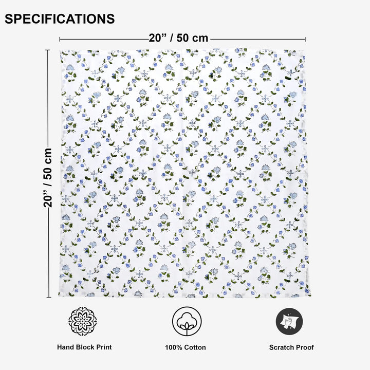 Floral patterned fabric with dimensions and certification icons on a white background