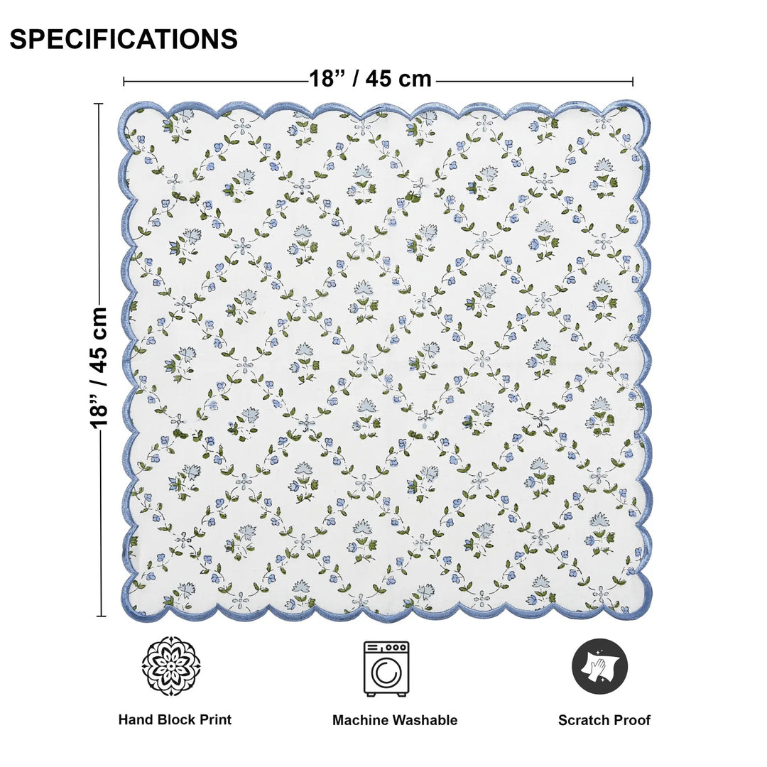 Floral patterned mat with dimensions and care instructions on a white background