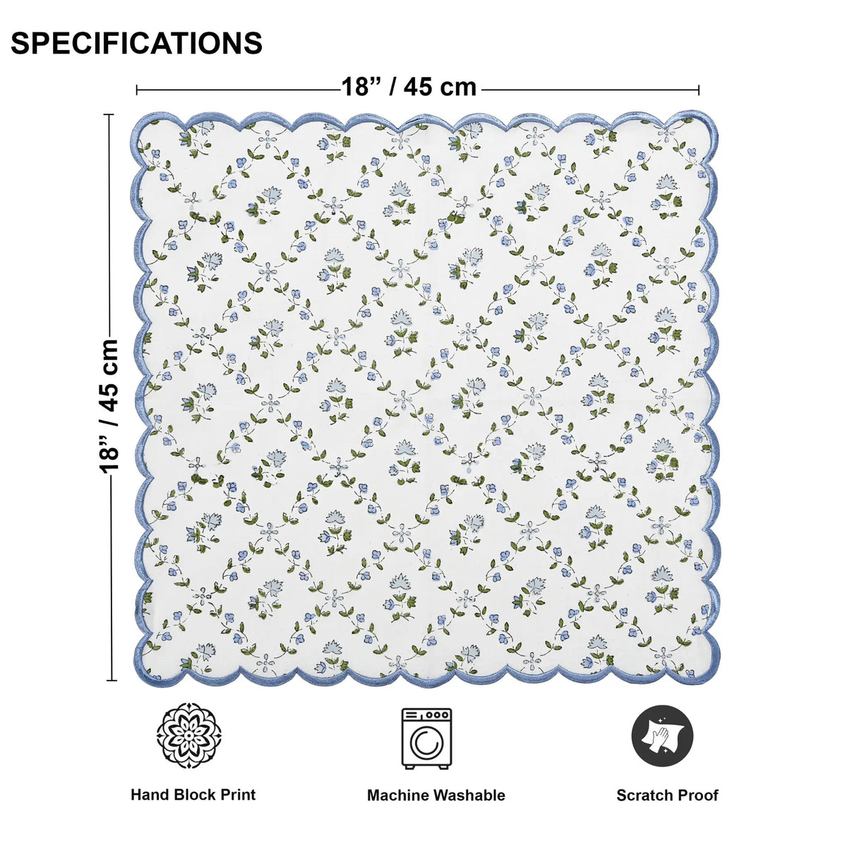 Floral patterned mat with dimensions and care instructions on a white background