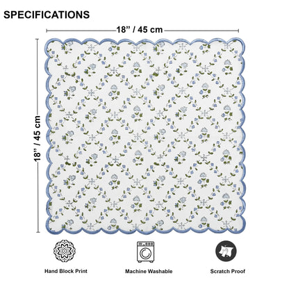 Floral patterned mat with dimensions and care instructions on a white background