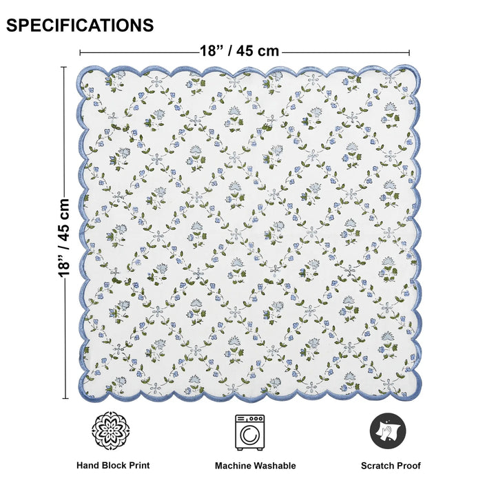 Floral patterned mat with dimensions and care instructions on a white background