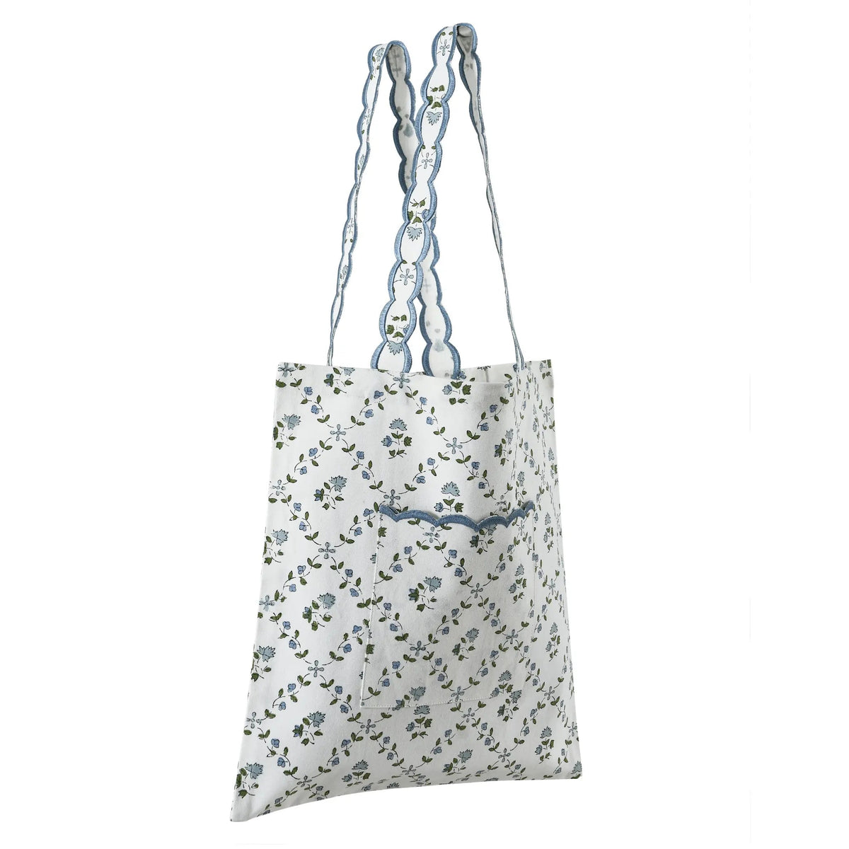 Floral-patterned tote bag with blue accents on a white background