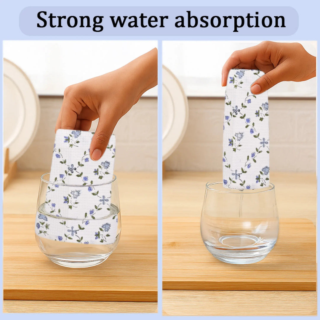 Hand placing floral-patterned paper into a glass, with text &