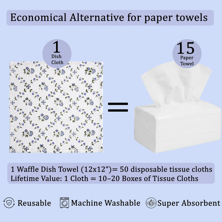 Waffle dish towel with floral pattern and text explaining its use as an economical alternative to paper towels.