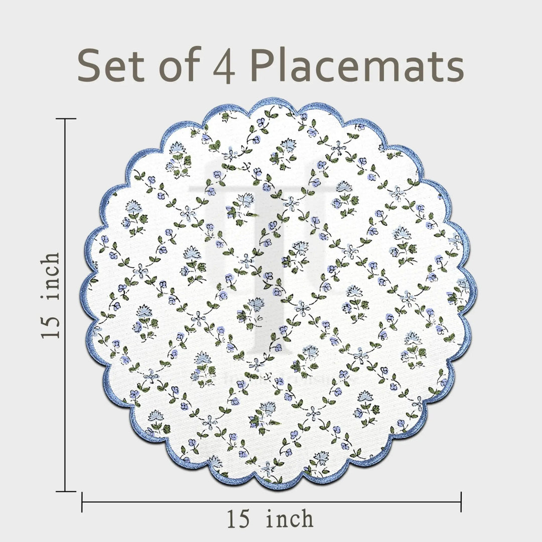 Set of 4 floral placemats with dimensions on a white background