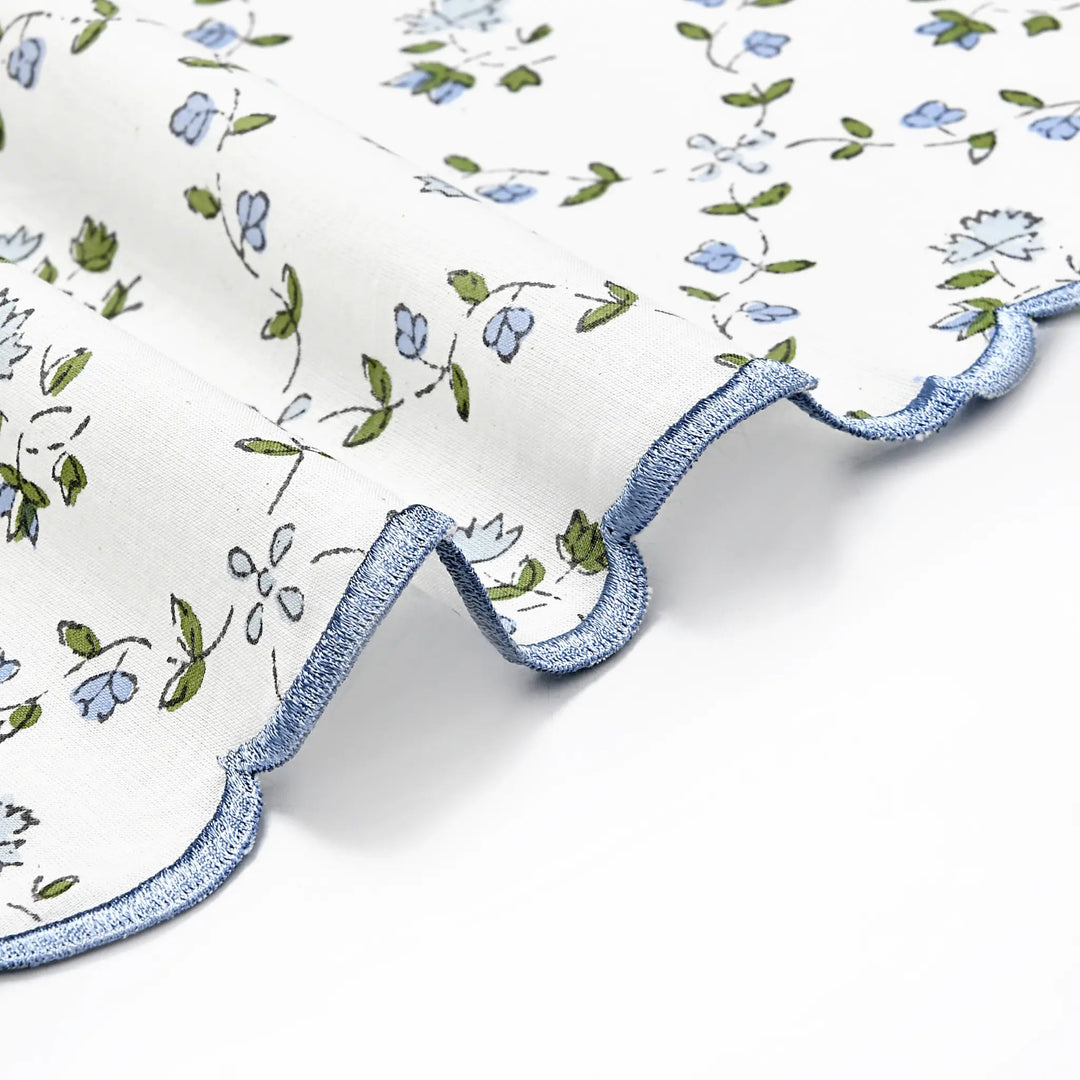 Close-up of floral fabric with blue trim on a white background