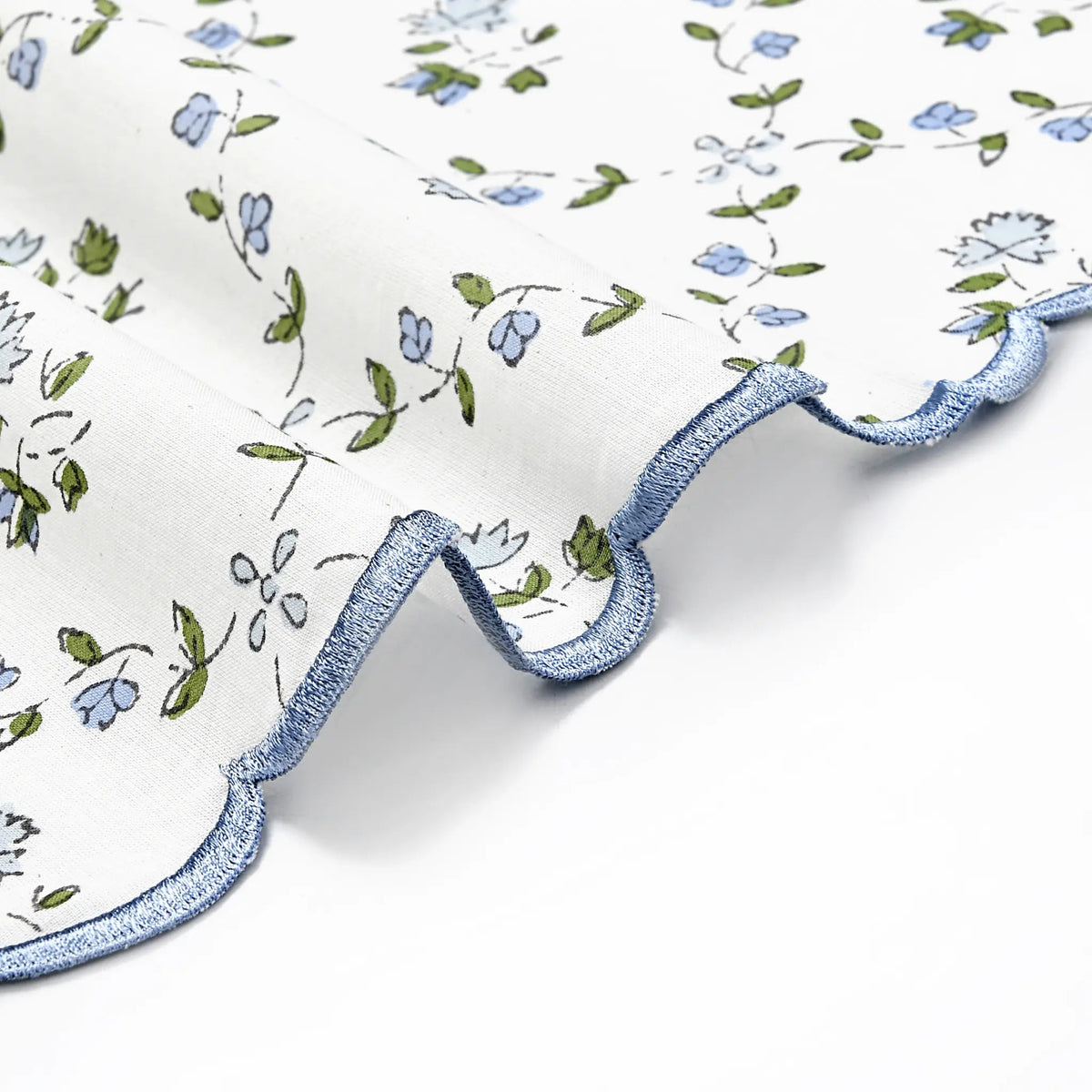 Close-up of floral fabric with blue trim on a white background