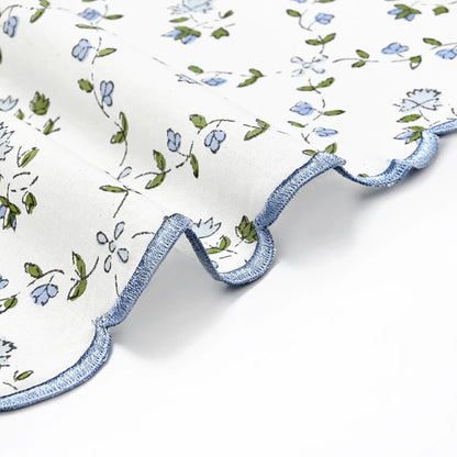 Close-up of floral fabric with blue trim on a white background