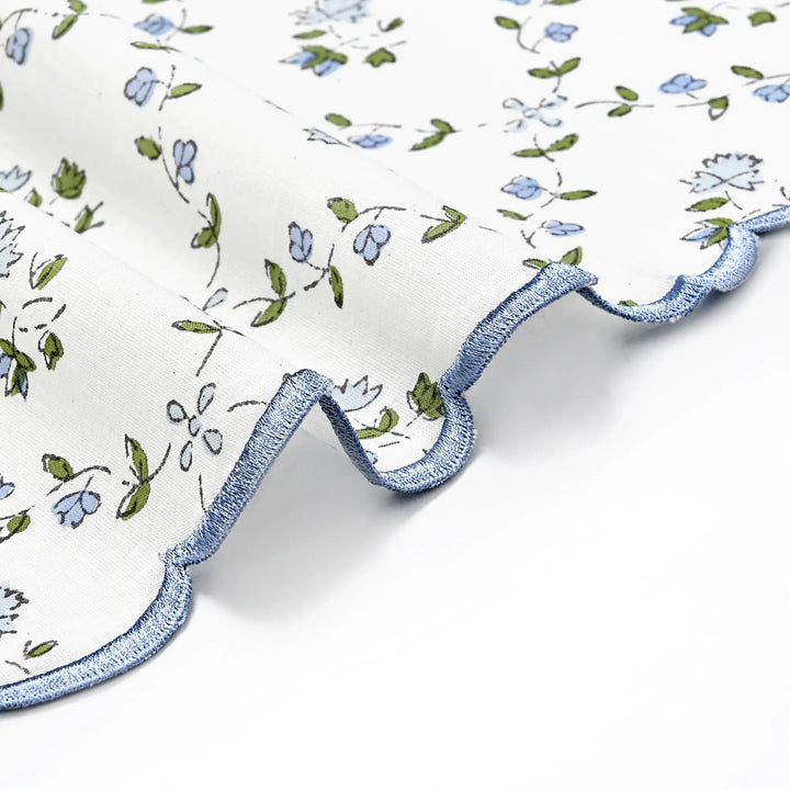 Close-up of floral fabric with blue trim on a white background
