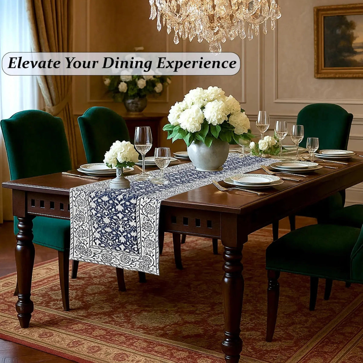 Dining room with a wooden table set for dinner, floral centerpieces, and elegant chairs.