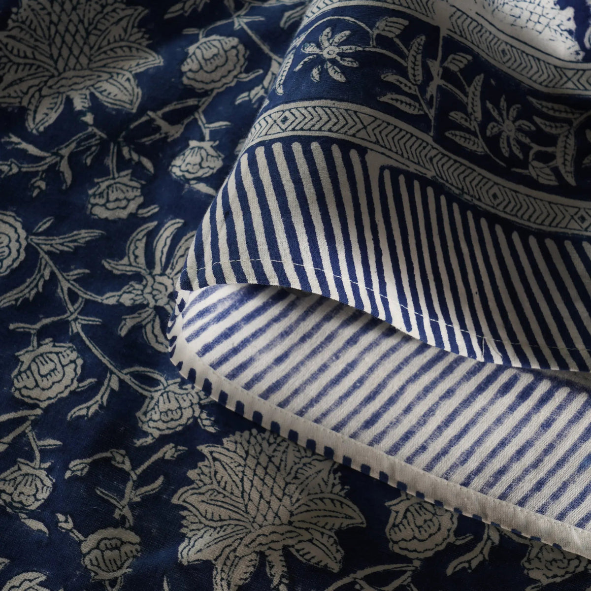 Close-up of blue and white patterned fabric with floral and striped designs.