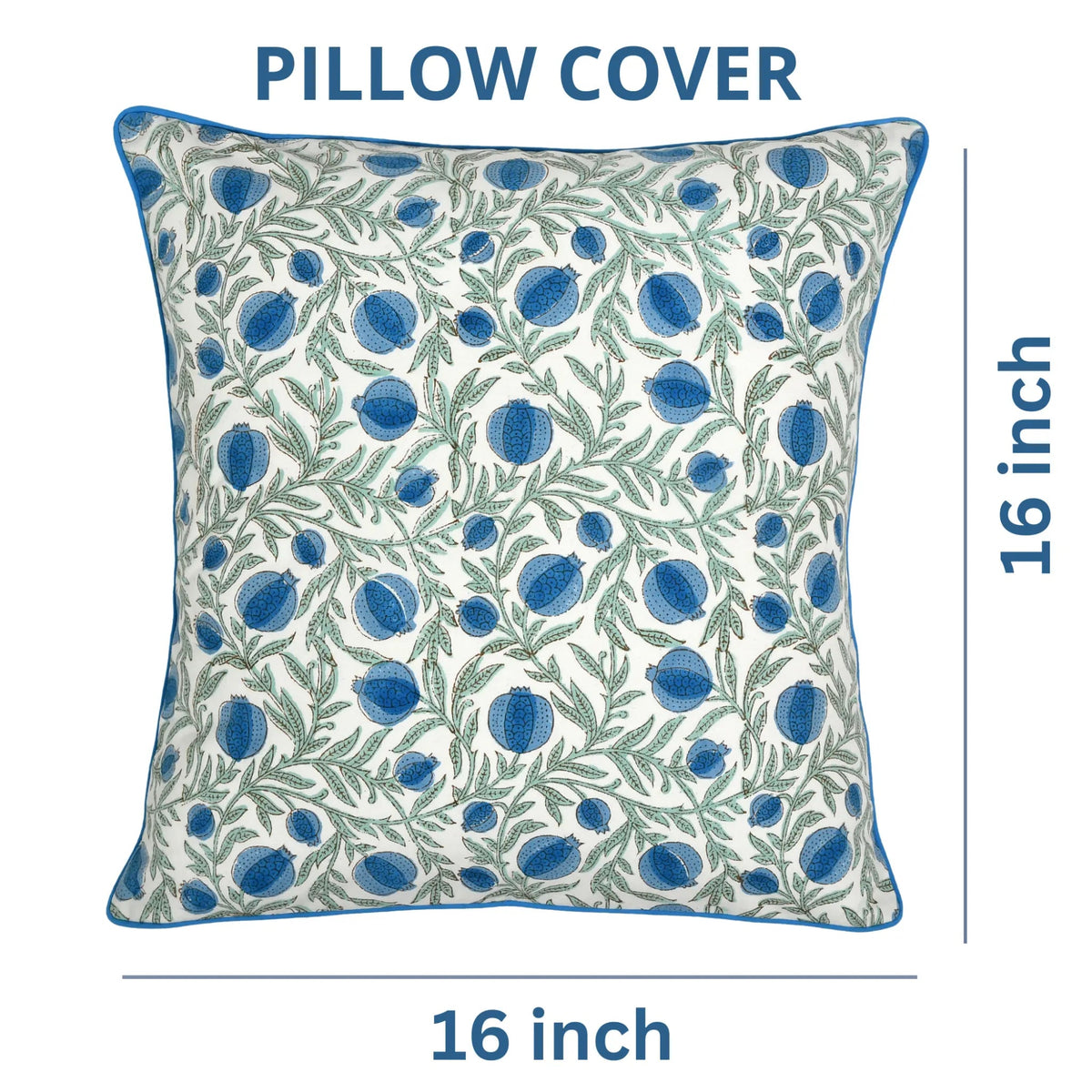 Decorative pillow cover with blue floral pattern on a white background