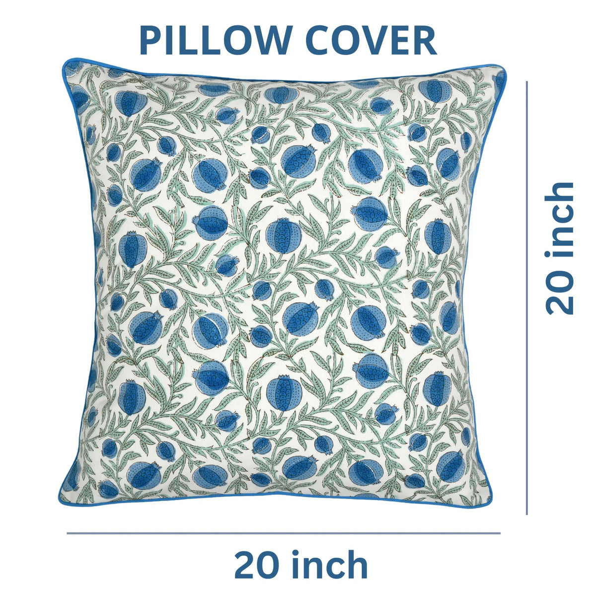 Decorative pillow cover with blue floral pattern on a white background