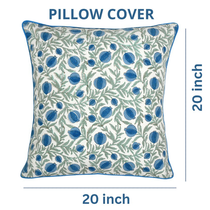 Decorative pillow cover with blue floral pattern on a white background