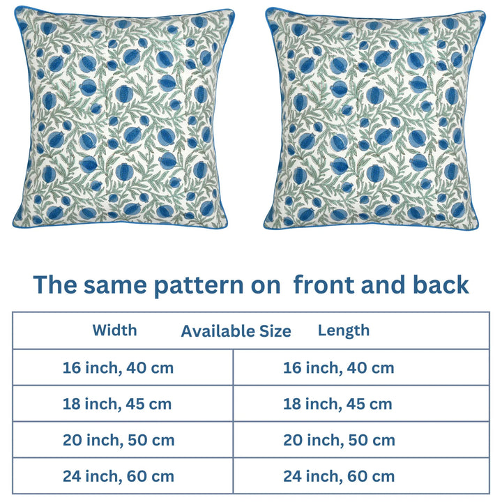 Two decorative pillows with a floral pattern and a table displaying size options.