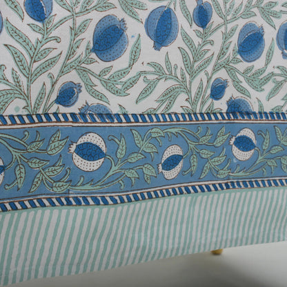 Close-up of a fabric with blue and green floral pattern