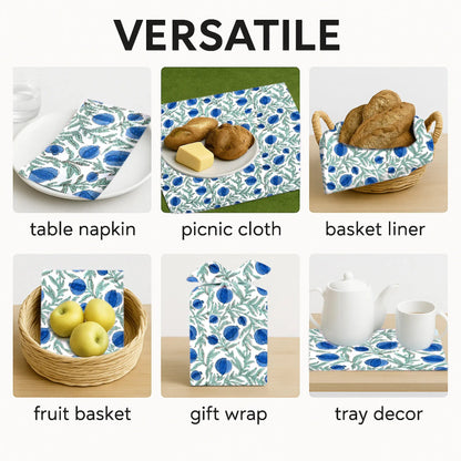 Versatile use of a floral patterned cloth including table napkin, picnic cloth, basket liner, fruit basket, gift wrap, and tray decor.