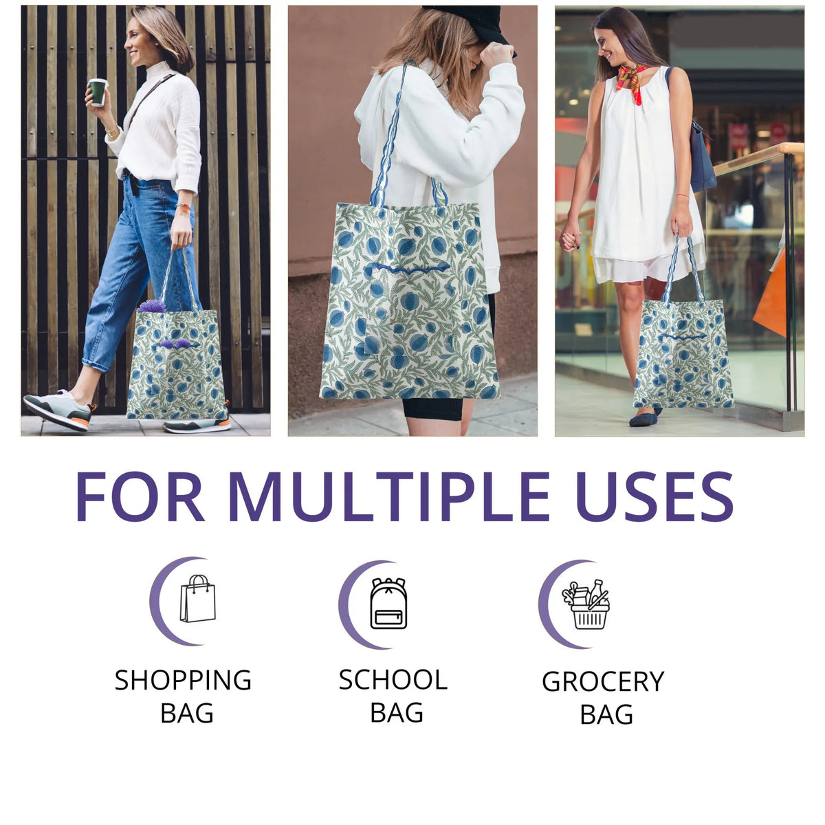 Woman carrying a floral tote bag in various settings with text 'FOR MULTIPLE USES' and icons for shopping, school, and grocery bags.