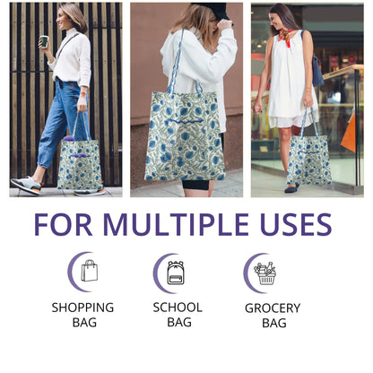 Woman carrying a floral tote bag in various settings with text 'FOR MULTIPLE USES' and icons for shopping, school, and grocery bags.