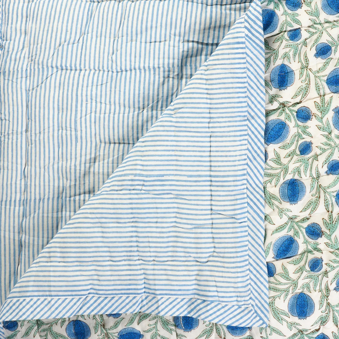 Quilt with blue and white striped pattern and floral border