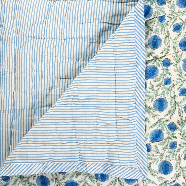 Quilt with blue and white striped pattern and floral border