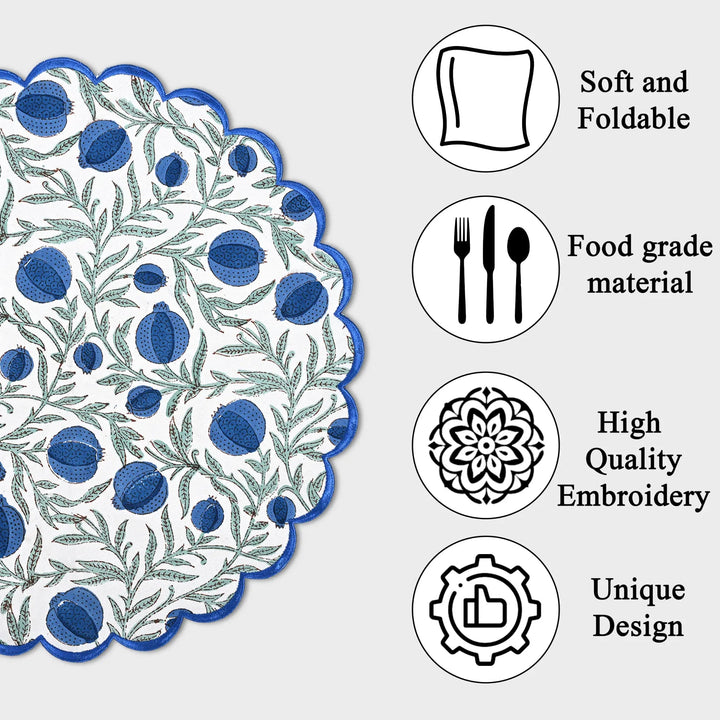 Decorative placemat with blue floral pattern and features listed on a white background