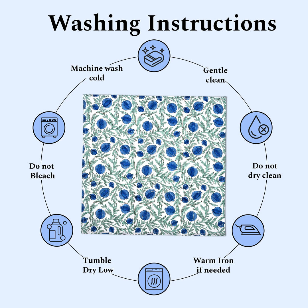 Washing instructions diagram with icons and text for a fabric with blue floral pattern.