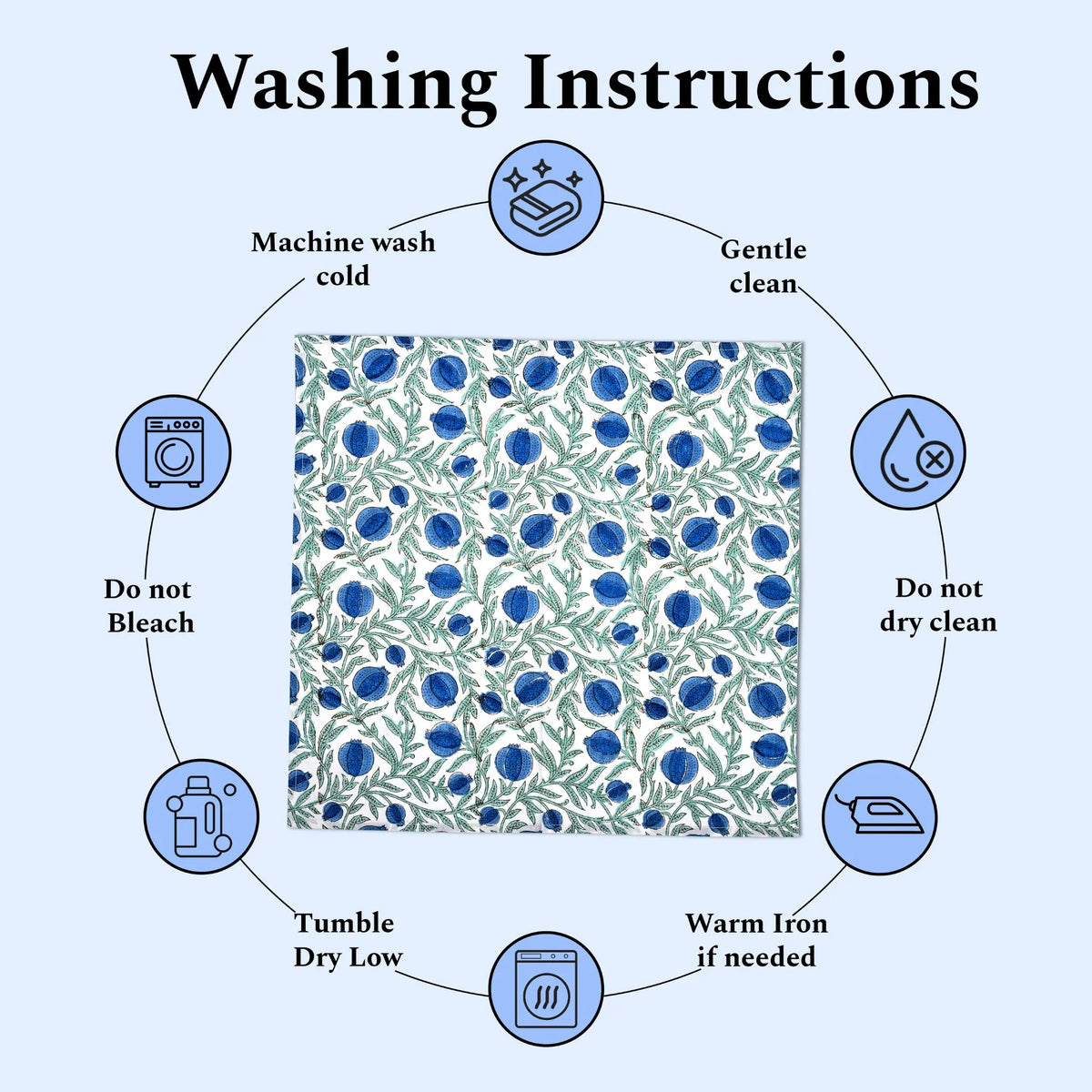 Washing instructions diagram with icons and text for a fabric with blue floral pattern.