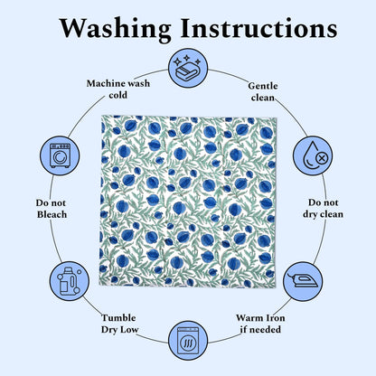 Washing instructions diagram with icons and text for a fabric with blue floral pattern.