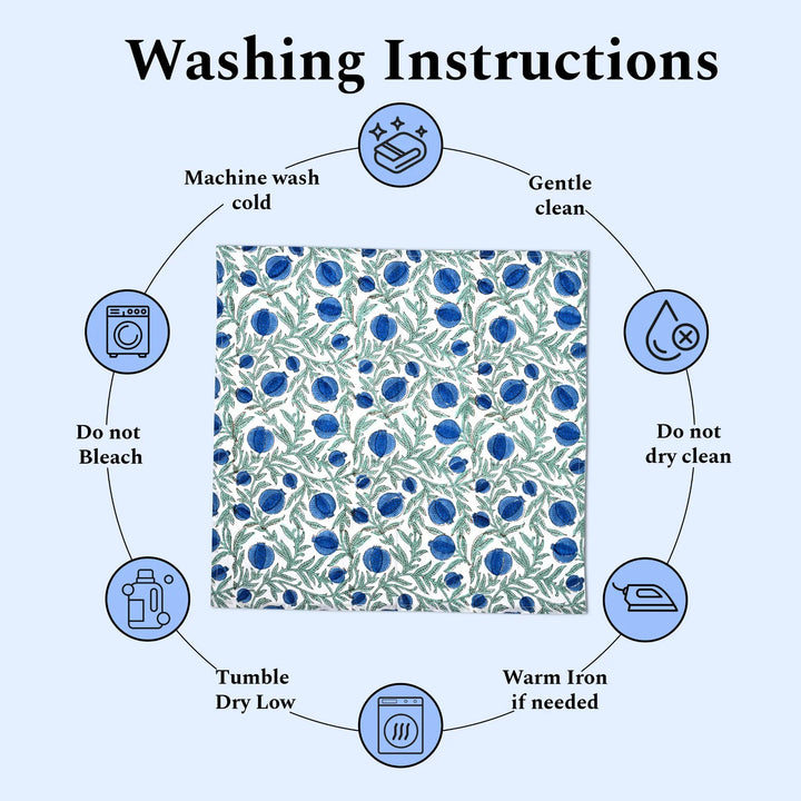 Washing instructions diagram with icons and text for a fabric with blue floral pattern.