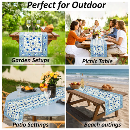 Table runner with blue floral pattern used in various outdoor settings including garden, picnic, patio, and beach.