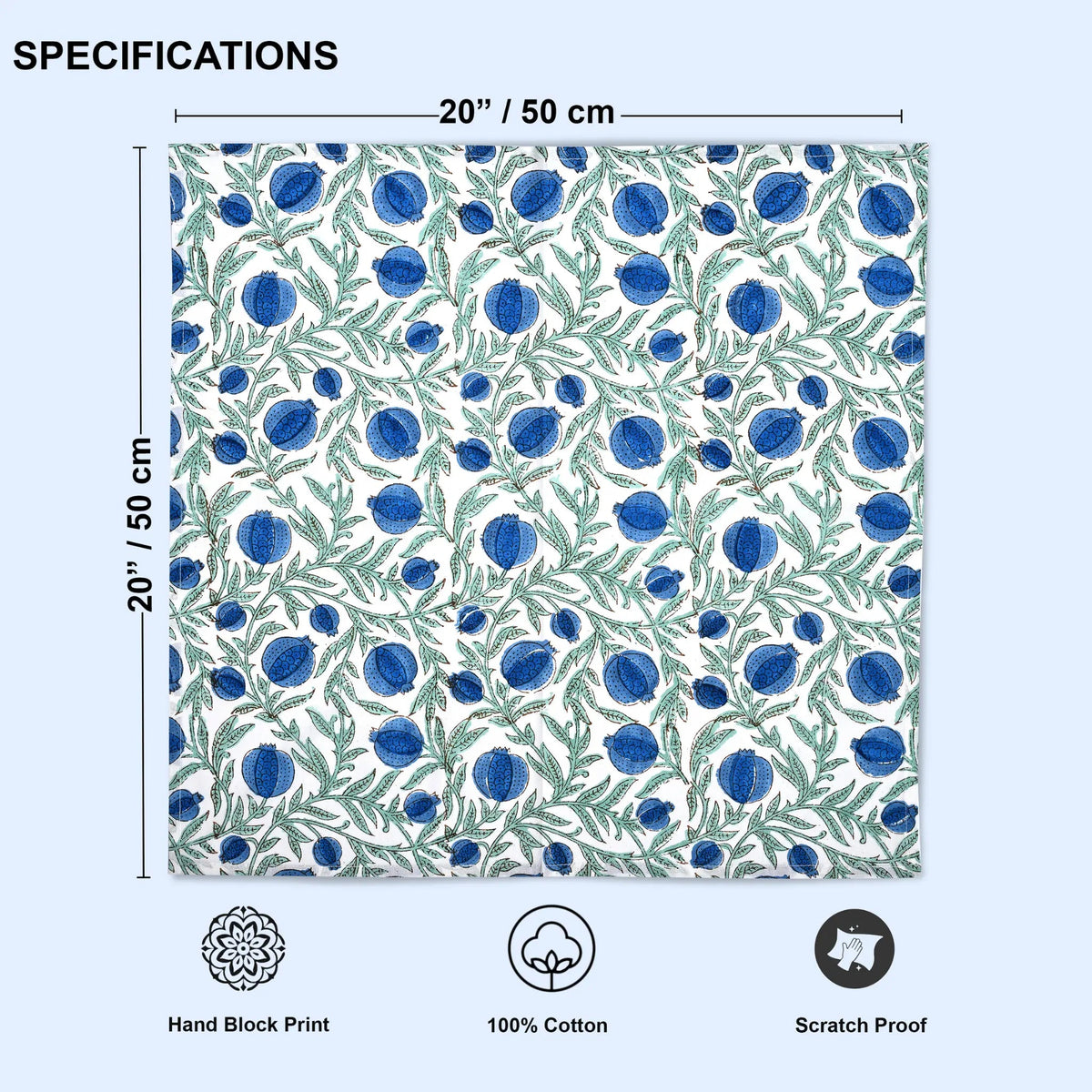 Patterned fabric with blue floral design and measurements on a light blue background