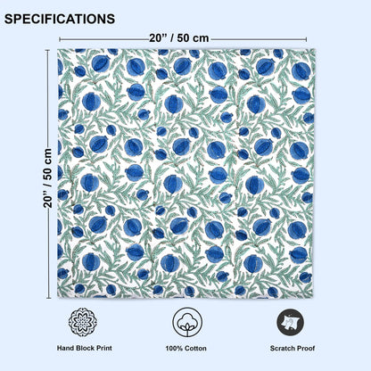 Patterned fabric with blue floral design and measurements on a light blue background