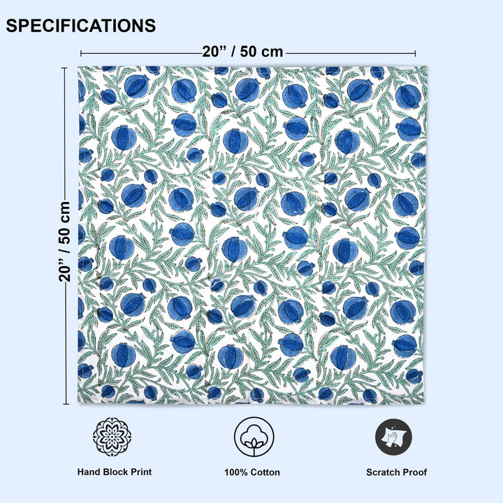 Patterned fabric with blue floral design and measurements on a light blue background