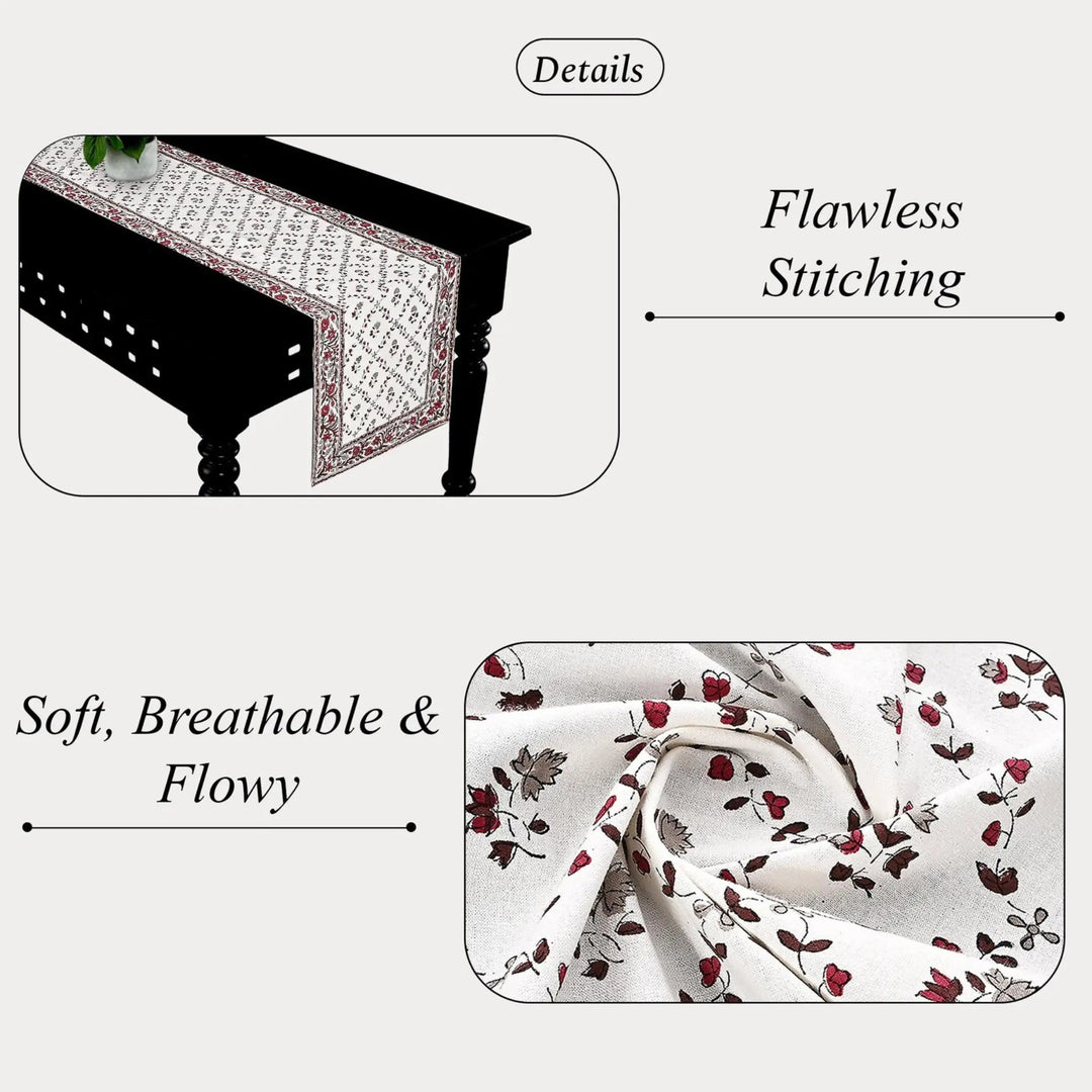 Table runner with floral pattern on a table, highlighting &