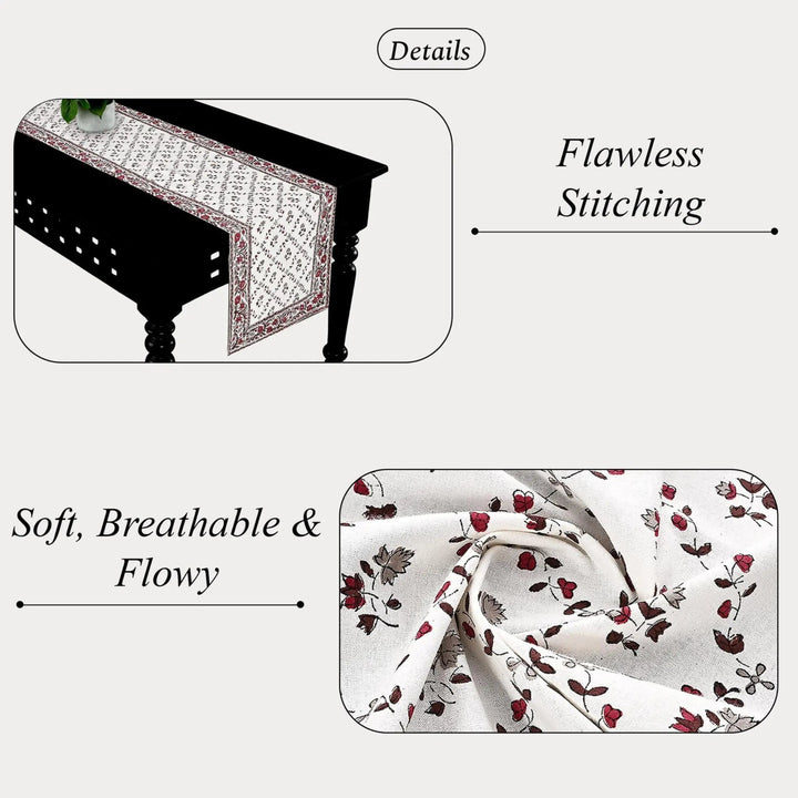 Table runner with floral pattern on a table, highlighting &