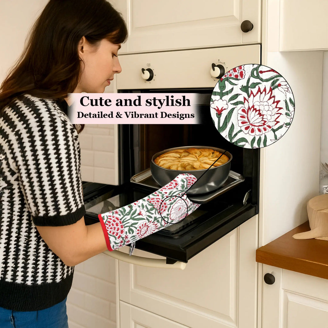 Woman in a kitchen wearing floral oven mitts and glove, with a close-up of the gloves&