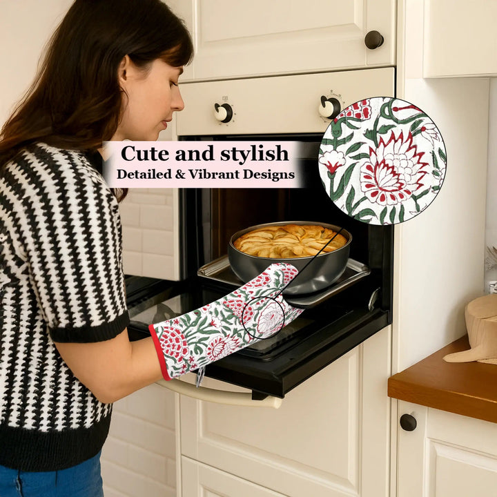 Woman in a kitchen wearing floral oven mitts and glove, with a close-up of the gloves&
